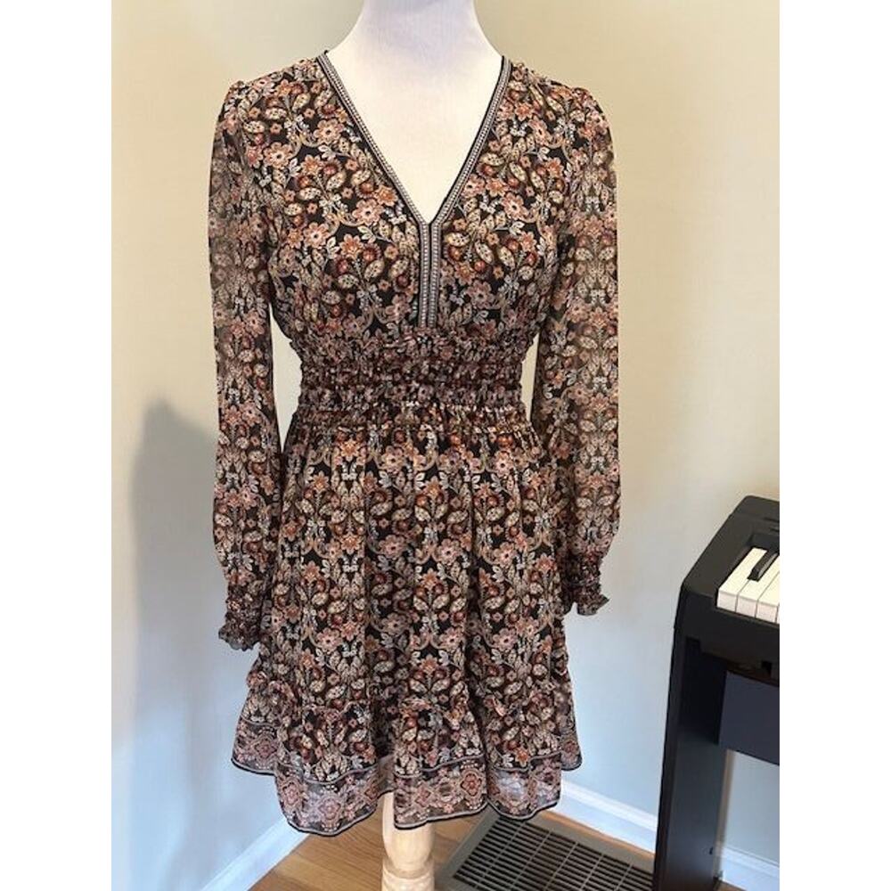 Cottagecore Prairie Boho Black Floral Max Studio Mini Dress Sz M Festival